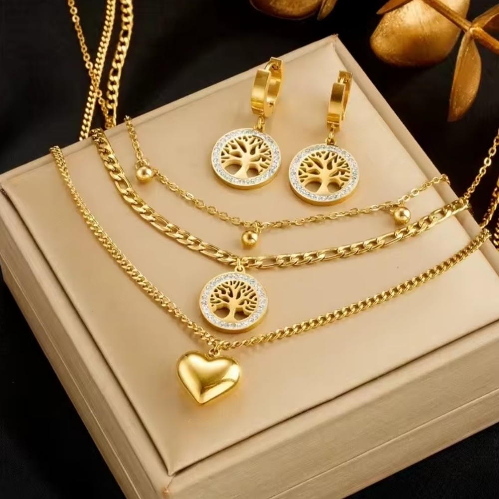 necklace set with heart tree pendant earrings gift Box